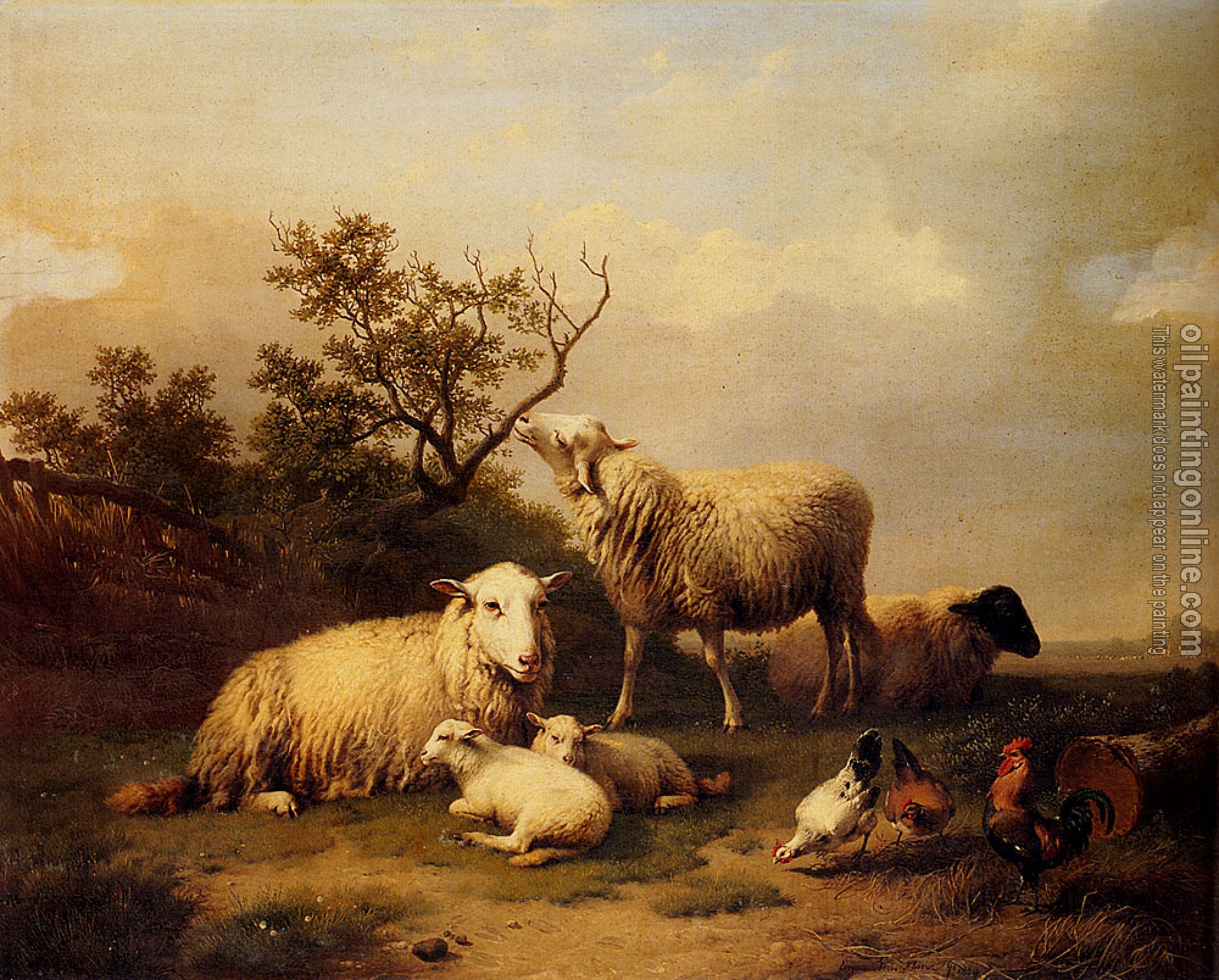 Verboeckhoven, Eugene Joseph - Sheep With Resting Lambs And Poultry In A Landscape